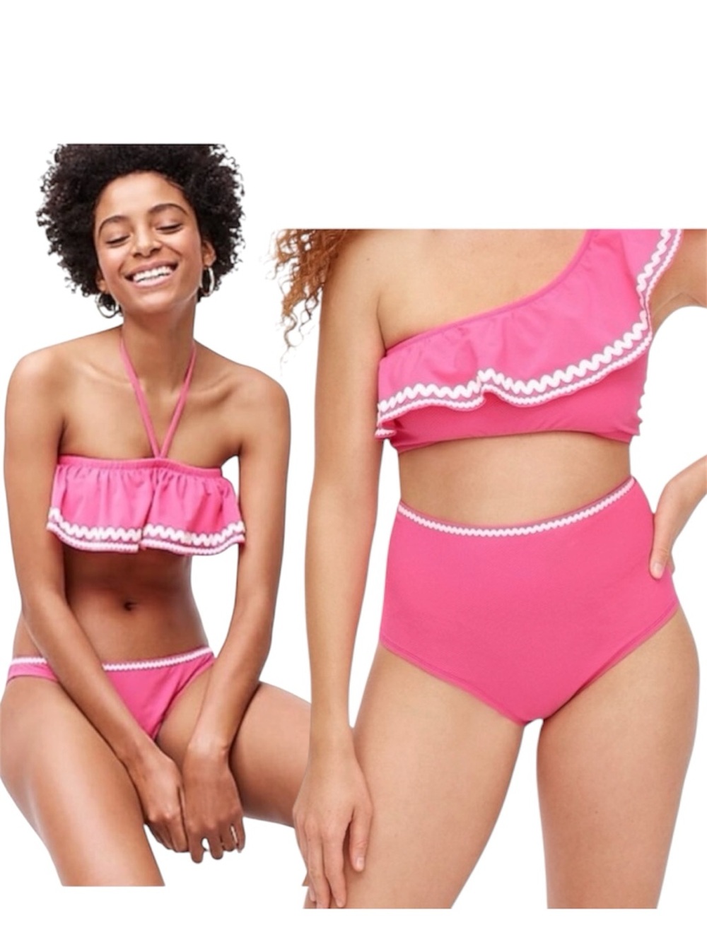 J. Crew pink rickrack white trim bikini bathing suit high waisted bandeau